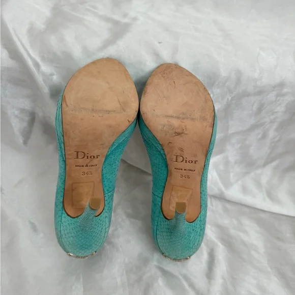 Dior Turquoise Python Embossed Leather Peep-Toe Pumps - Picture 11 of 12